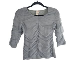 Sundance Ruched Tulle Top XS Womens Long Sleeve Grey Crew Neck Pullover Top